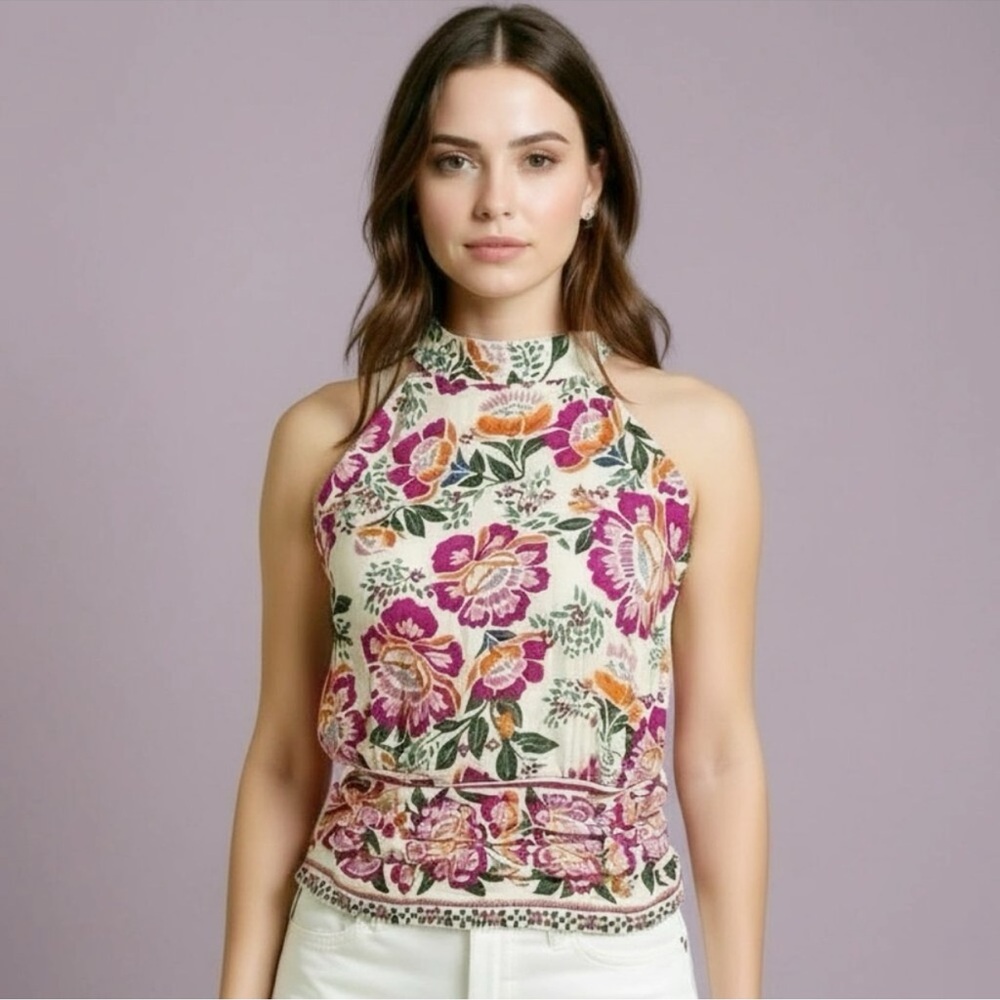 Nicole Miller Artelier Floral Bohemian Sleeveless Blouse Halter Top Size Small